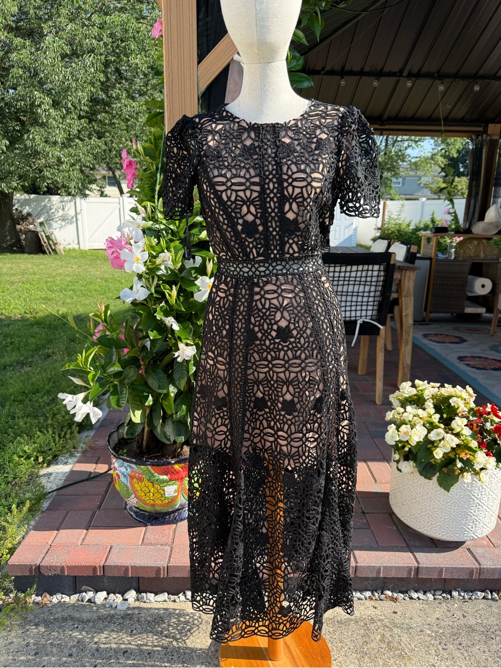 Self Portrait black lace midi dress with floral pattern, size 0